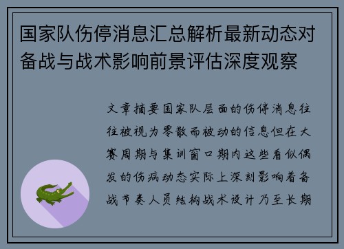 国家队伤停消息汇总解析最新动态对备战与战术影响前景评估深度观察 国家队伤停消息汇总解析最新动态对备战与战术影响前景评估深度观察